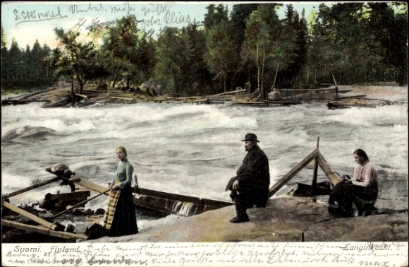 Postcard Suomi Finland, Langinkoski, people on the river bank