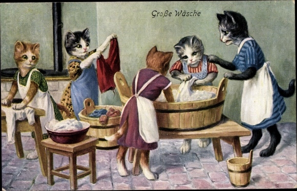 Künstler Ak Große Wäsche, Katzen beim Wäsche waschen