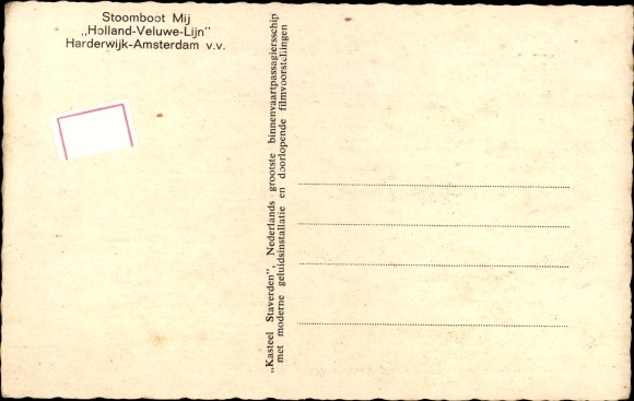 Postcard Holland Veluwe Lijn, Harderwijk Amsterdam vv Stoomboot Mij