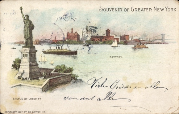 Ansichtkaart New York City, VS, Vrijheidsbeeld, batterij, schepen, souvenir, 1897