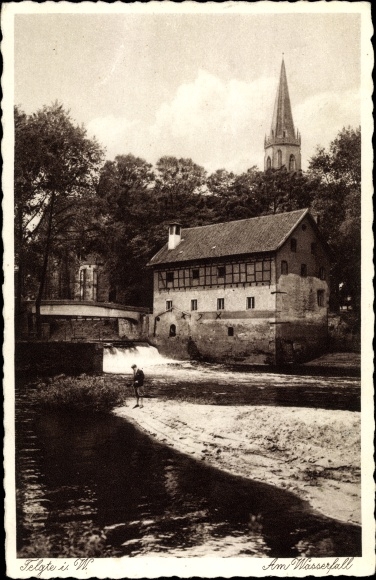 Ak Telgte in Noordrijn-Westfalen, bij de waterval, kerktoren