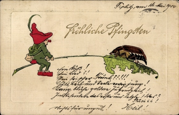 Embossed PC Happy Pentecost, Dwarf, Maybug on a Leaf