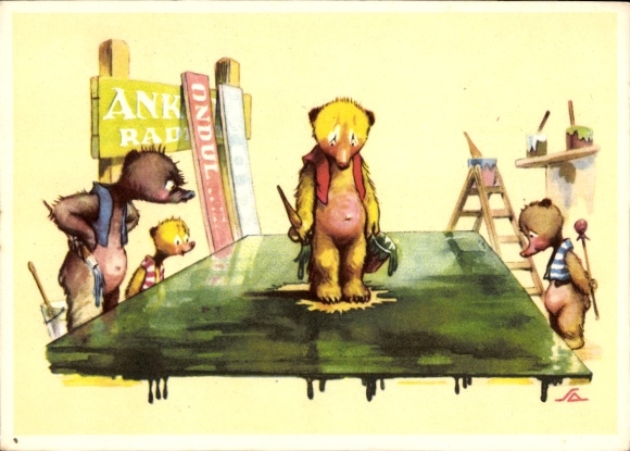 Artist Postcard Humanized Bears, Painter, Damaged Image, Paint Pot