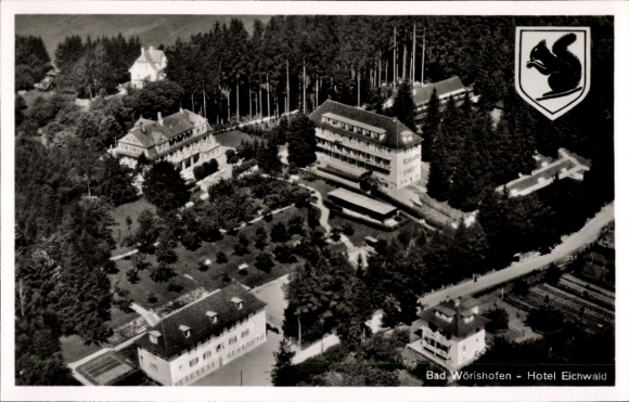 Ak Bad Wörishofen im Unterallgäu, Luftaufnahme Hotel Eichwald, umgeben von Wald und Gärten, 