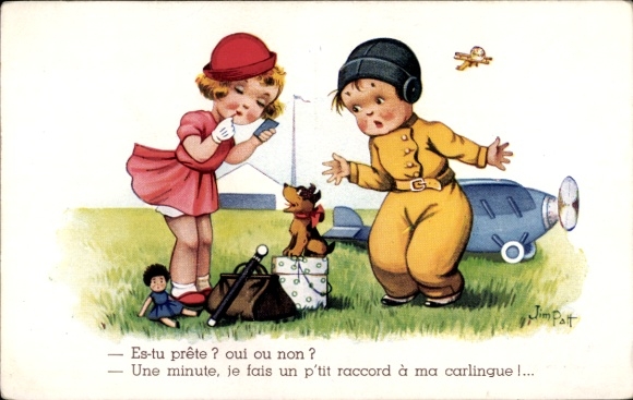 Artist Postcard Patt, Jim, Es tu Prête, pilot, airplane, girl, dog, doll