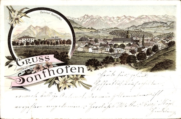 Chromo-Litho Sonthofen in the Oberallgäu Swabia, train station, general view