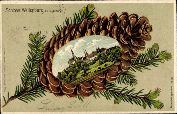 Embossed pine cone litho Augsburg Bergheim, Wellenburg Castle