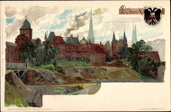 Artist Chromo-Litho Kley, Heinrich, Lübeck in Schleswig Holstein, panorama of the city, coat of arms