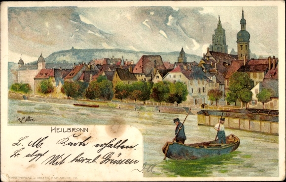 Artist Chromo-Litho mother K., Heilbronn in Baden Württemberg, rowing with a view of the city