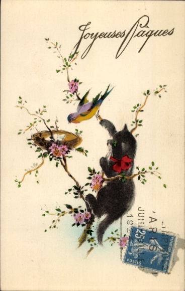 Ak Osterfreude, Katze jagt Vogel, Nest