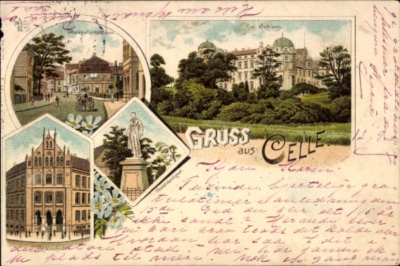 Litho Celle in Niedersachsen, Schloss, Realschule, Thaer-Denkmal