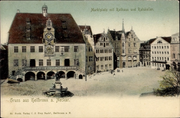 KP Heilbronn am Neckar, rynek, ratusz, Ratskeller, kolorowa ilustracja