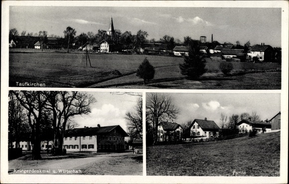 Postcard Taufkirchen in the district of Munich, Upper Bavaria, war memorial, economy, local section, total view