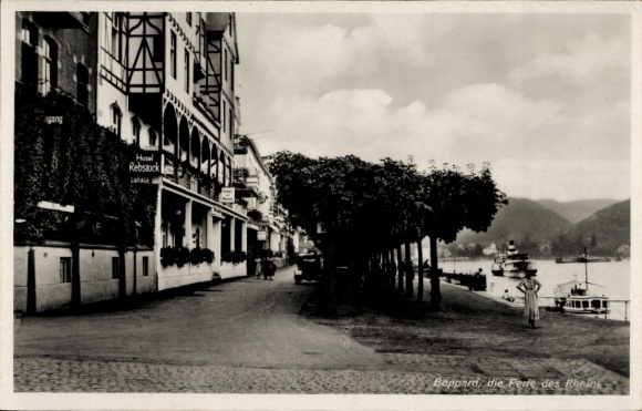 Postcard Boppard am Rhein, Hotel Rebstock, garage, riverside promenade, Rhine boat