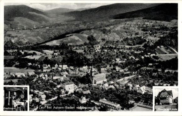 Postcard Achern in the Ortenau district of Baden-Württemberg, aerial photograph, Gasthaus zur Linde