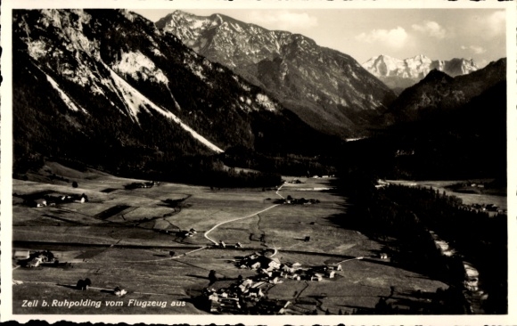 Postcard Zell Ruhpolding in Upper Bavaria, aerial view of Zell, mountains in the background, agricultural