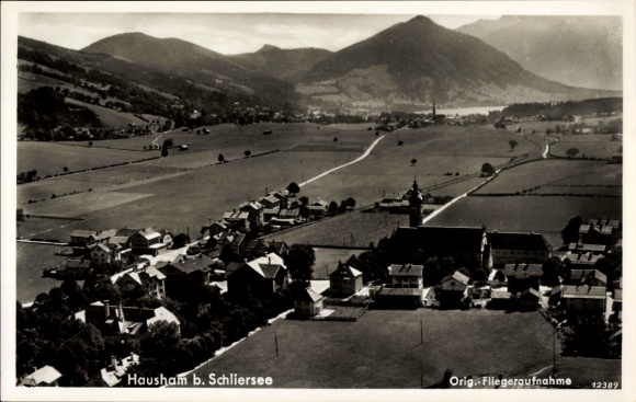 Postcard Hausham in Upper Bavaria, landscape photograph, village architecture, church, mountains