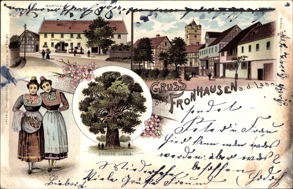 Chromo-Litho Fronhausen in Hesse, inn, large lime tree, women in typical costume, inn