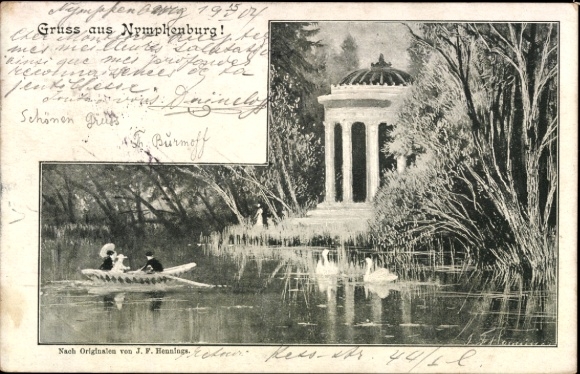 Ak Nymphenburg München Bayern,  Boot auf dem Wasser, Pavillon, Natur