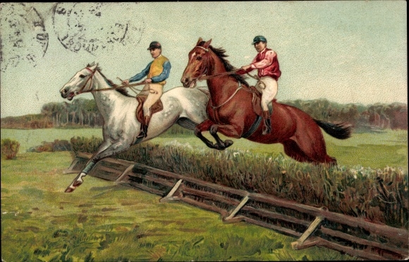 Präge Ak Jockeys zu Pferde, Springreiten, Hindernis