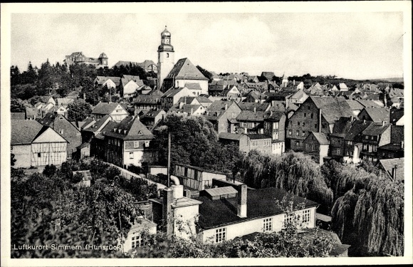 Postcard Simmern im Hunsrück, partial view of the place, church