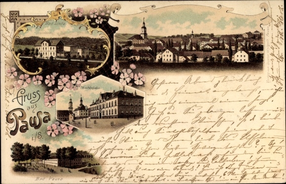 Litho Pausa Mühltroff in Vogtland Saksen, marktplein, Bad Linda, panorama