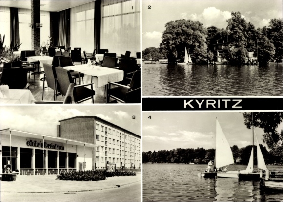 Postcard Kyritz in the Prignitz, district culture house, Untersee, island restaurant, shopping center