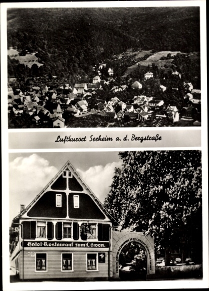 Postcard Seeheim Jugenheim an der Bergstraße, aerial photograph Seeheim, Hotel-Restaurant Zum Löwen, Archit