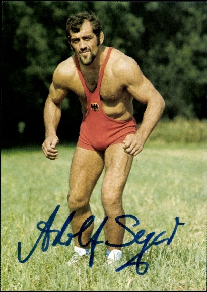 Postcard wrestler Adolf Seger, autograph