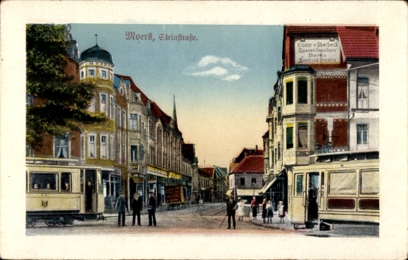 Postcard Moers am Niederrhein, Steinstraße, shop Krüger and Oberbeck Imports, tram