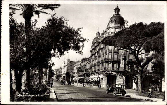 Postcard Nice Alpes Maritimes, black and white, street with trees, Hotel Ruhl, cars