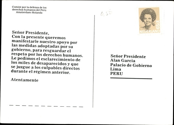 Postcard Committee for the Defense of the Human Rights of Peru Amsterdam-Holanda