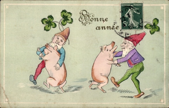 Embossed Postcard Happy New Year, Dancing Pigs and Dwarves, Lucky Clover