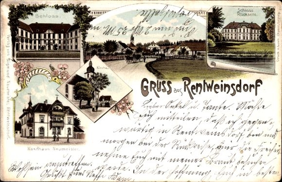 Litho Rentweinsdorf in Unterfranken, Kaufhaus Neumeister, Schloss, Kirche