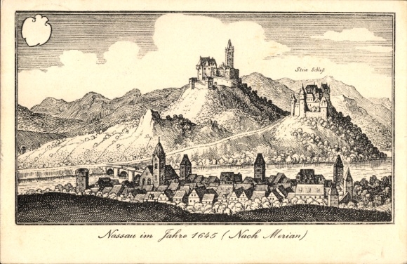 Artist Postcard Merian, Nassau in the Rhein Lahn district, Nassau in 1645, stone castle