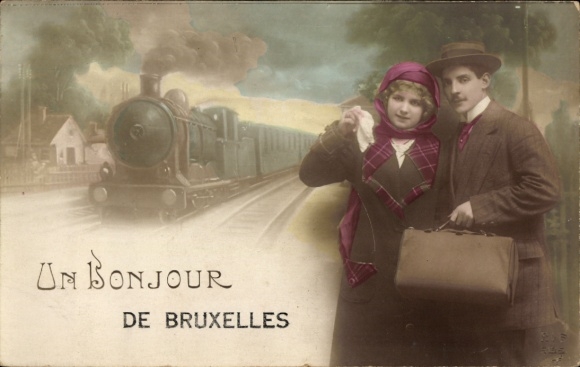 Postcard Brussels Brussels, locomotive in motion, pair