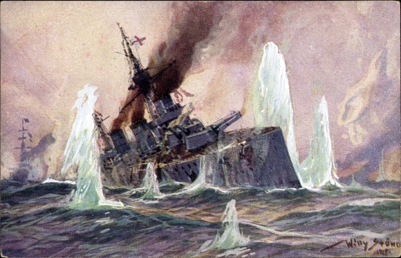 Artist PC Stöwer, Willy, Naval Battle North Sea 1915, English battle cruiser, German cruiser