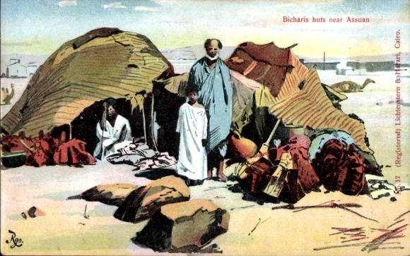 Postcard Assouan Aswan Egypt, Bichari's huts, two villagers, sand landscape, tents