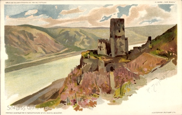 Artist Chromo-Litho Schmohl, Kaub Rhineland Palatinate, Gutenfels Castle, general view, Rhine Valley, panorama