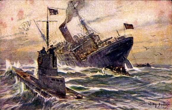 Artist Postcard Stöwer, Willy, Destruction of an English merchant steamer by a German submarine