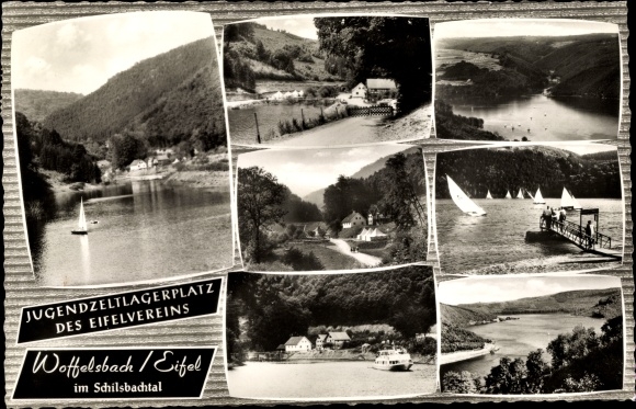 Ak Woffelsbach Simmerath in der Eifel, Jugendzeltlagerplatz, Segelboote, Gesamtansicht