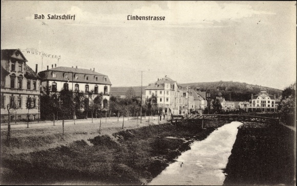 Postcard Bad Salzschlirf in Hesse, lot at the Lindenstrasse, river, bridge