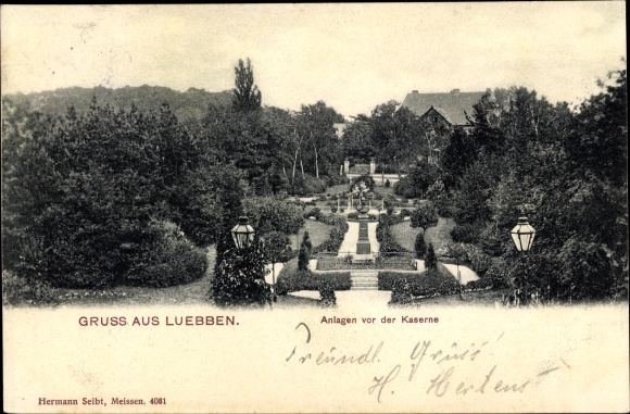 Ak Lübben im Spreewald, Kaserne, Parkanlage
