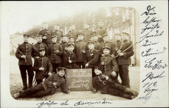 Photo Postcard Zeithain in Saxony, military training area, German soldiers in uniform, 181st Regiment, Parole 147