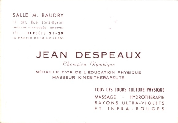 Postcard Olympic Games 1936, Jean Despeaux, Masseur Kinesitherapeute, advertisement