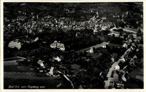Postcard Bad Orb in Spessart Hesse, aerial view of many houses, green areas, forest