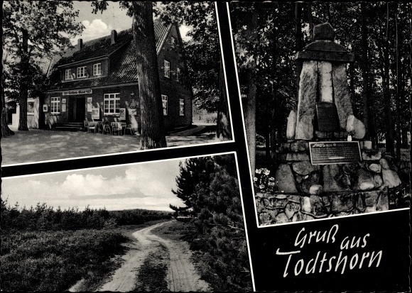 Postcard Todtshorn Tostedt in the district of Harburg, inn to the old beech, monument, path section