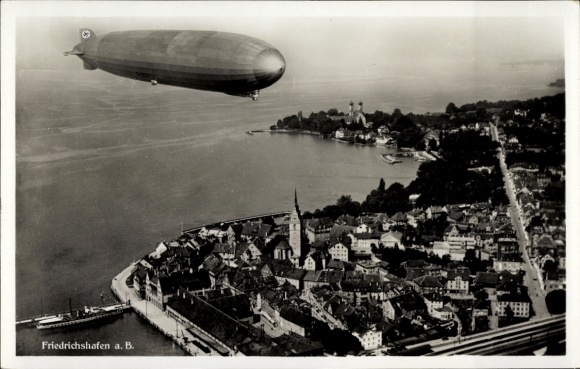 Postcard Friedrichshafen on Lake Constance, airship Graf Zeppelin, aerial photograph