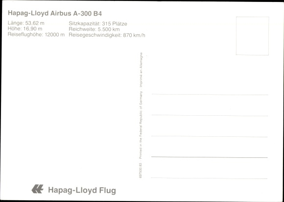 Postcard passenger aircraft of Hapag Lloyd, Airbus A 300 B 4