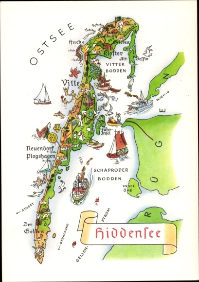 Maps Postcard Insel Hiddensee Ostsee, Vitte, Neuendorf, Plogshagen, Neuendorf, Bodden, Kloster